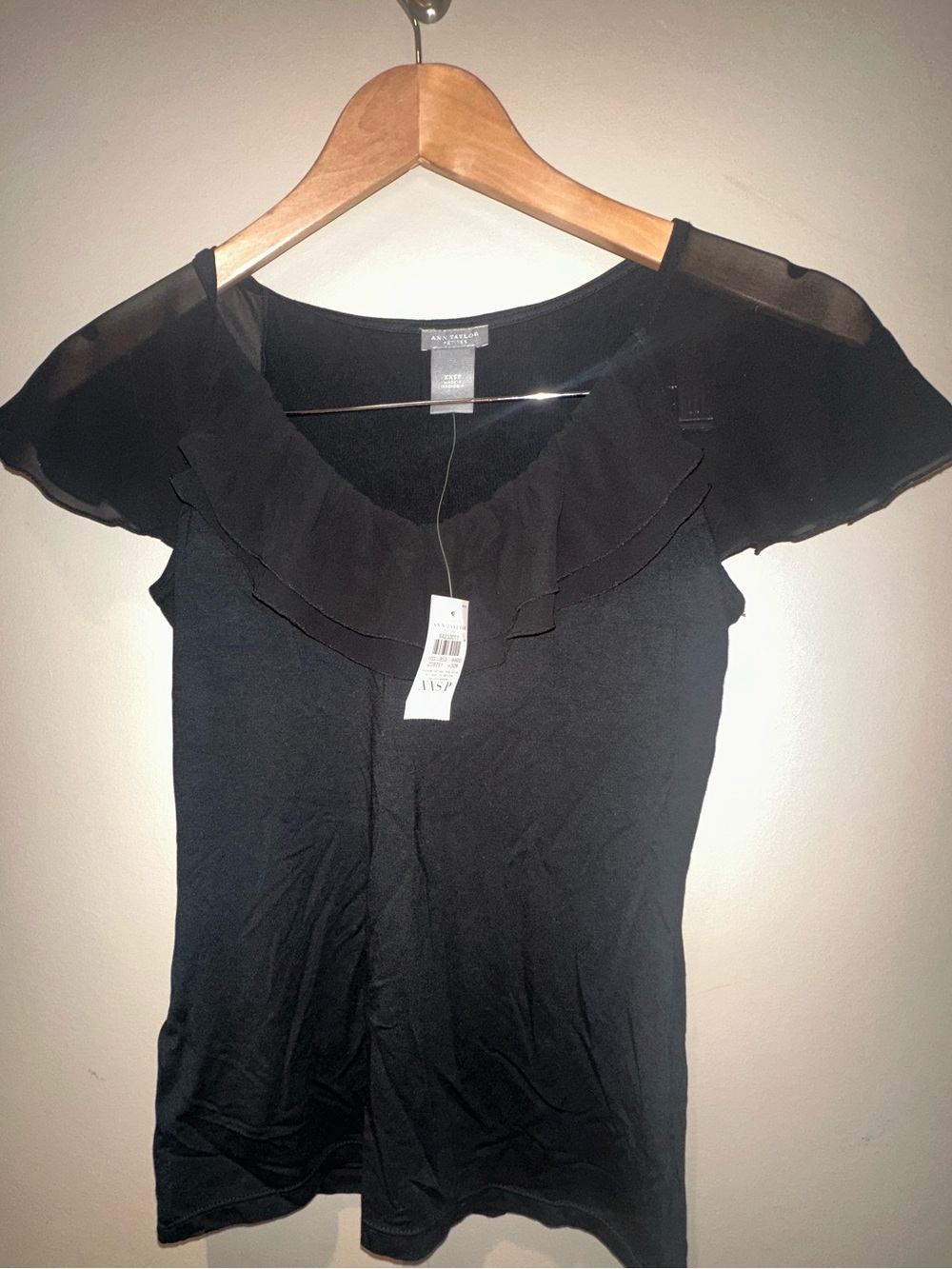 Ann Taylor Petite Black Ruffle-Trim Short Sleeve Top XXS P NWT